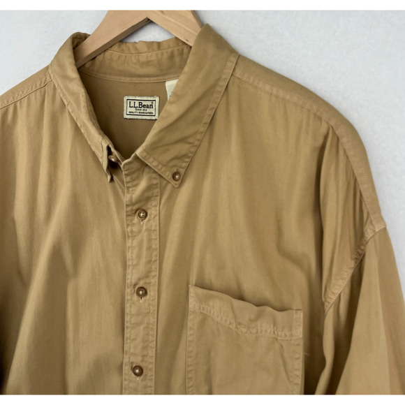 LL BEAN Shirt Mens 2XLT Tall Brushed Twill Button Up Long Sleeve Cotton Khaki - Picture 1 of 14